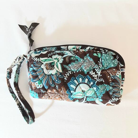 Vera Bradley Java Blue Wristlet One Inside Pocket Brown Turquoise Blue Print - Picture 1 of 6